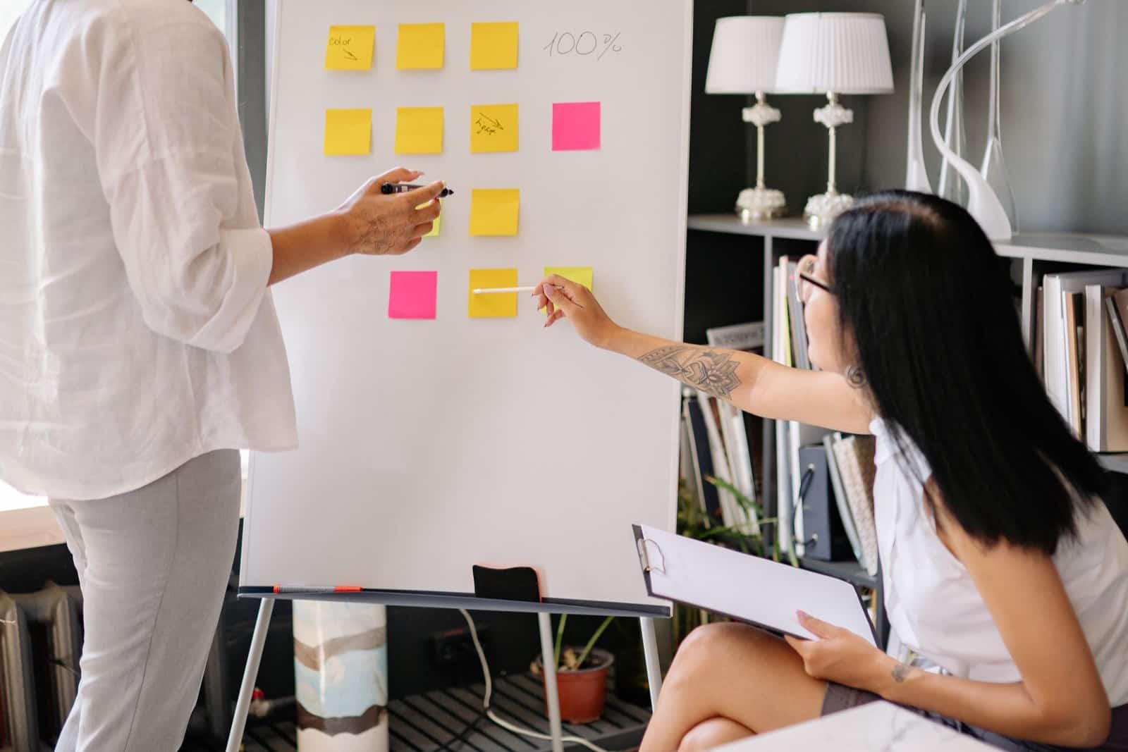 Équipe collaborant autour de notes et d'écrans dans un bureau — l'organisation du marketing en interne