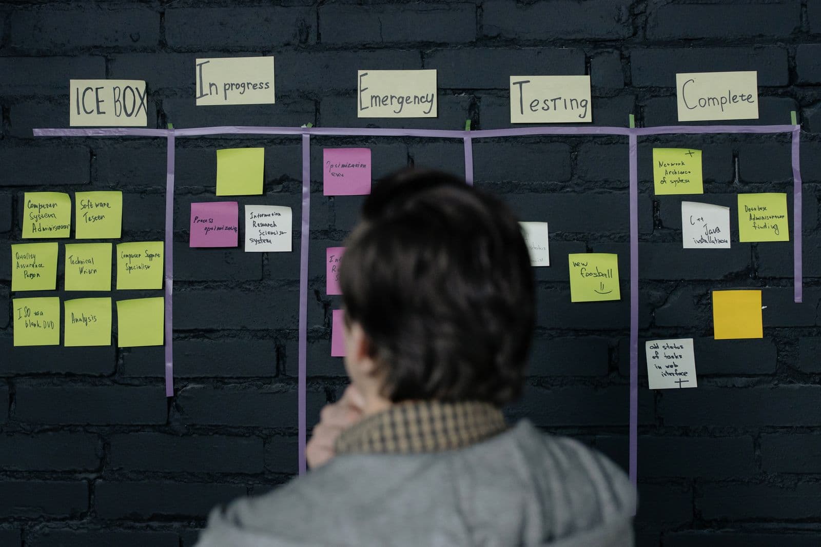 Dirigeant devant un tableau de planification rempli de post-it — la construction d'un plan d'action digital